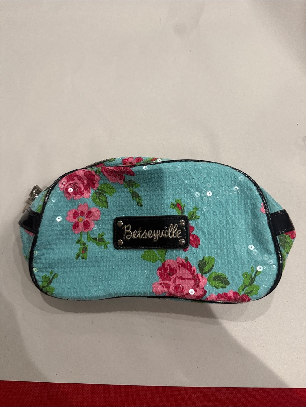 Betsey Johnson Aqua Floral Sequin Cosmetic Pouch